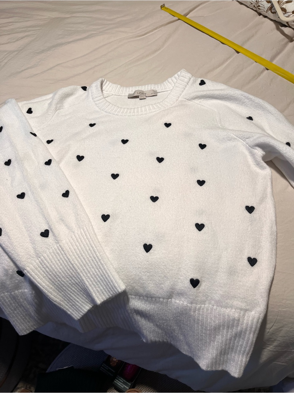 LOFT White Crewneck Sweater with Black Heart Motif